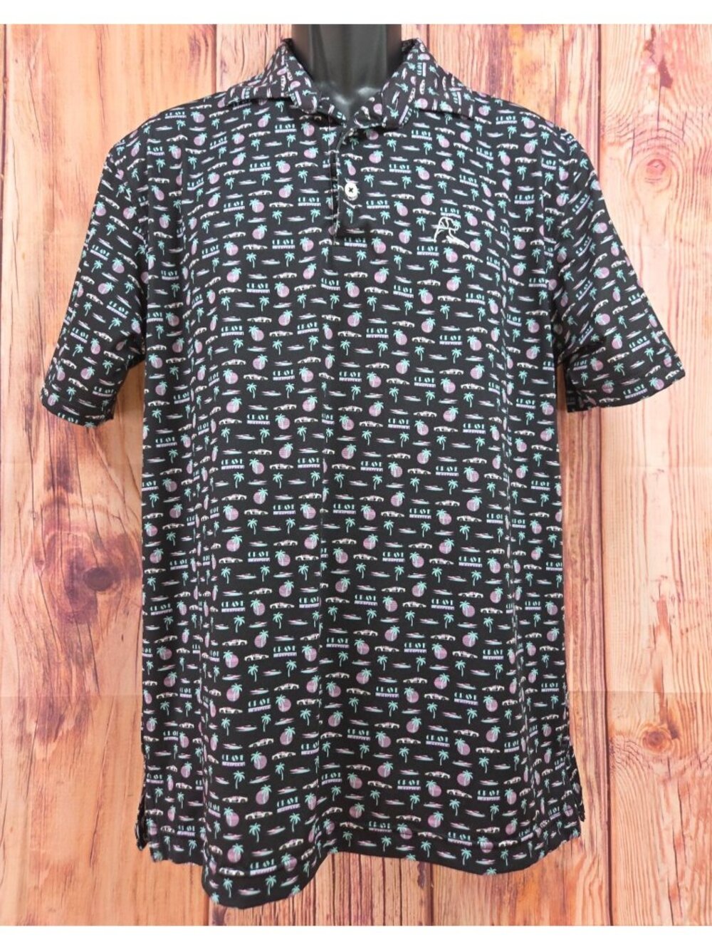 Rhoback Mens Crave Activity Polo Medium Black Palm Trees Cars Retro Print